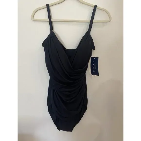 Jantzen Size 12 Surplice Draped One Piece Swimsuit Black Tummy Control NWT $92 - Picture 1 of 9